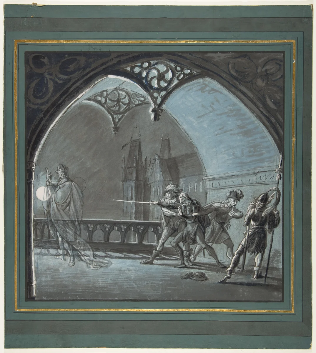 The Ghost of the King Appearing to Hamlet, Horatio and Guards (Hamlet, Act 1, Scene 4) by anonymous, drawing, 1800-1900