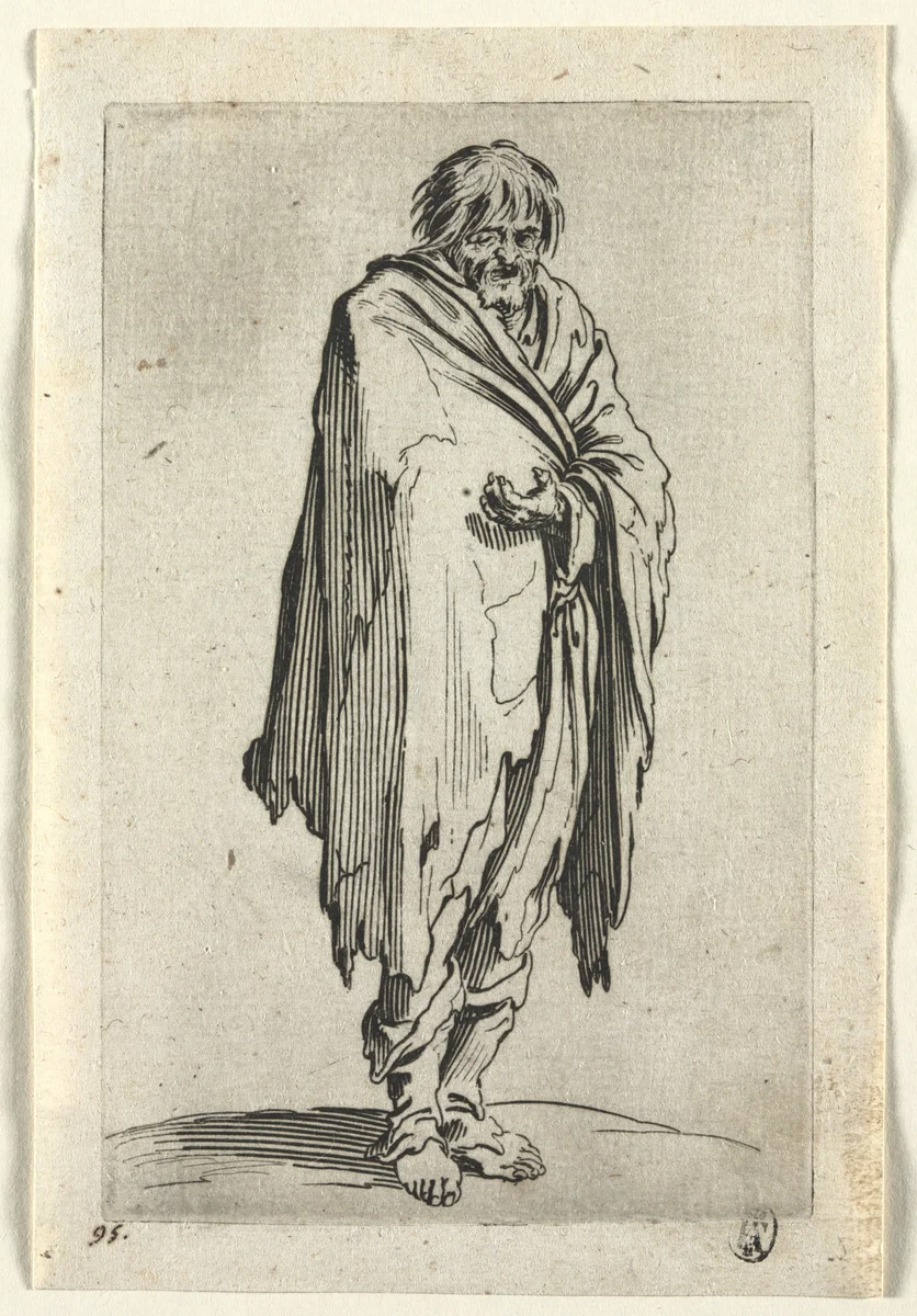The Beggars: Beggar without Hat or Shoes by Jacques Callot, print, 1619-1627