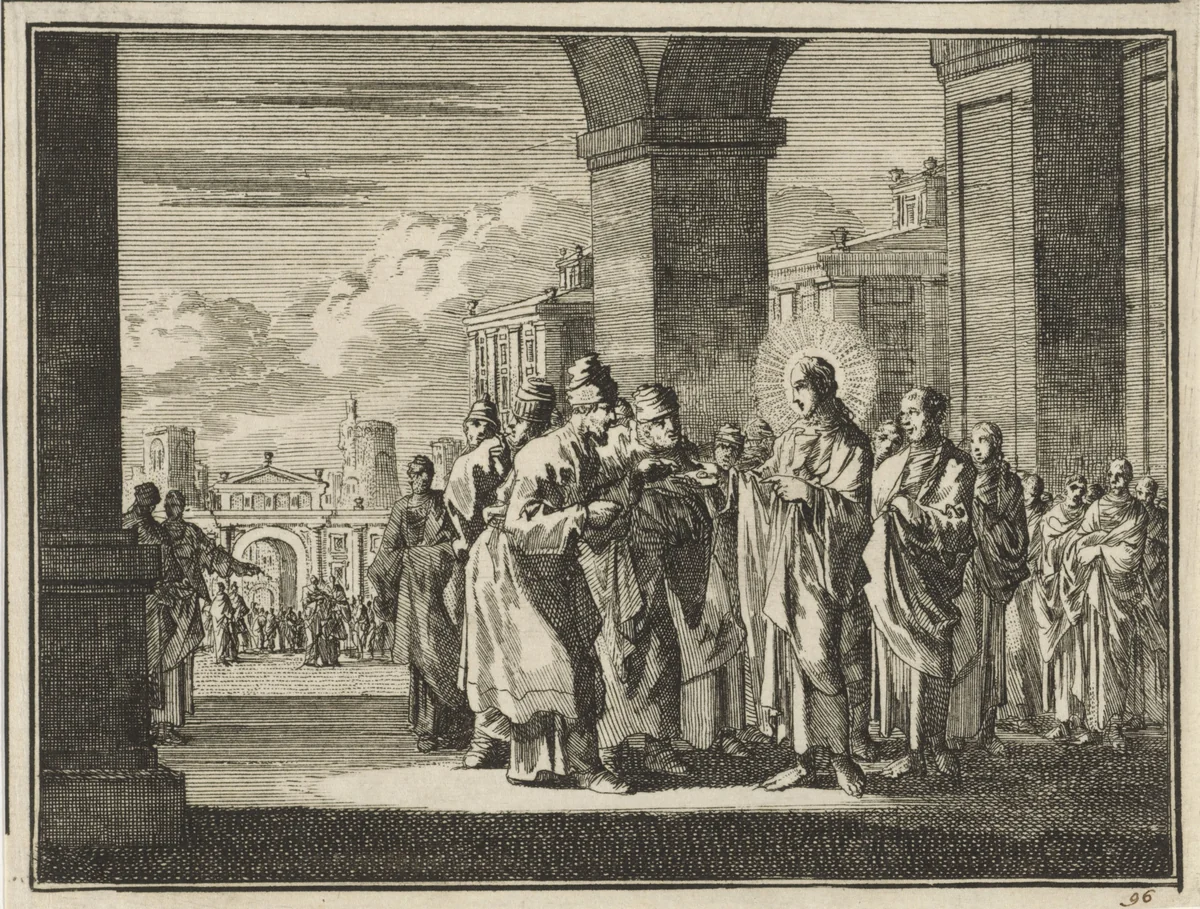 Christus in debat met farizeeërs by Jan Luyken, print, 1712