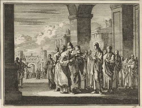 Christus in debat met farizeeërs by Jan Luyken, print, 1712