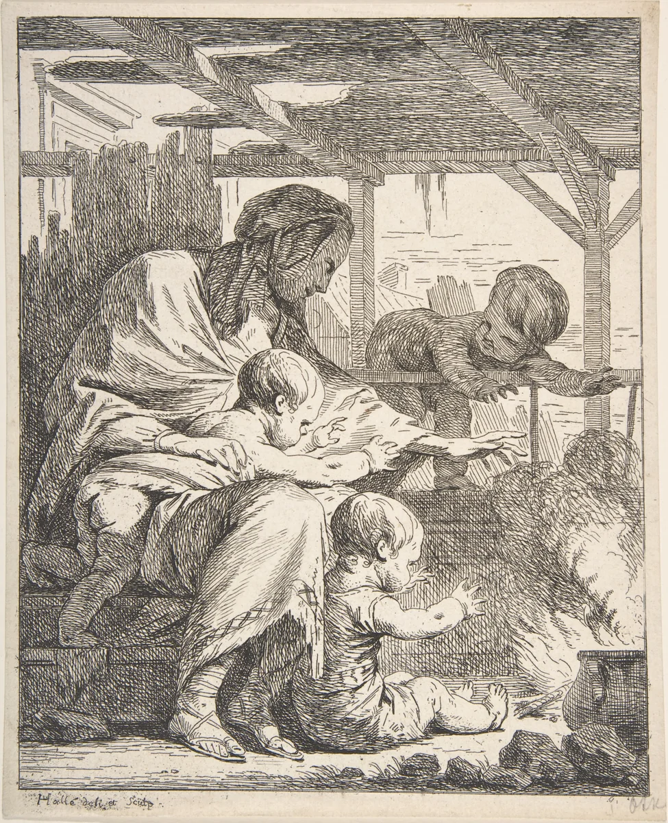 Family Warming Their Hands By a Fire by Noël Hallé, print, 1725-1781