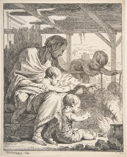 Family Warming Their Hands By a Fire by Noël Hallé, print, 1725-1781