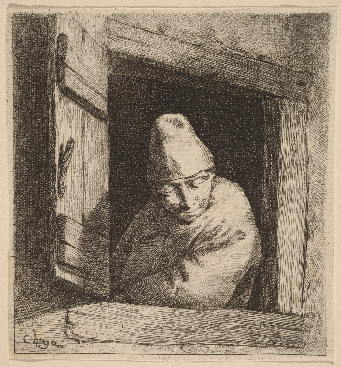 The Peasant in a Window by Cornelis Bega, print, 1631-1664