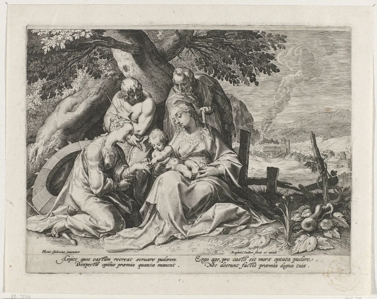 Heilige Familie met Heilige Catharina en Heilige Sebastiaan by Unknown, print, 1570-1632