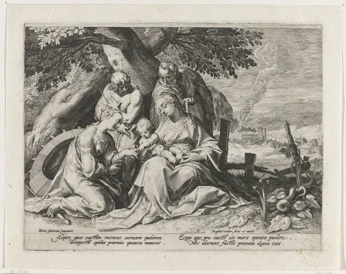 Heilige Familie met Heilige Catharina en Heilige Sebastiaan by Unknown, print, 1570-1632