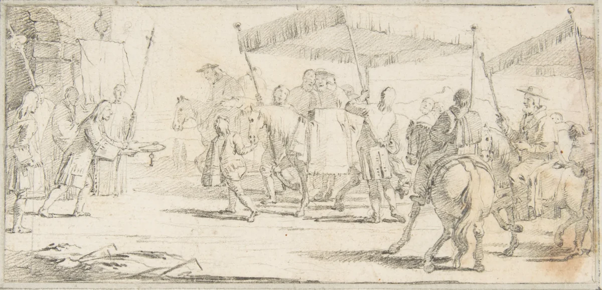 Illustration for a Book: Keys of a City Offered to a Procession of Cardinals Headed by a Riderless Horse by Giovanni Battista Tiepolo, drawing, 1696-1770