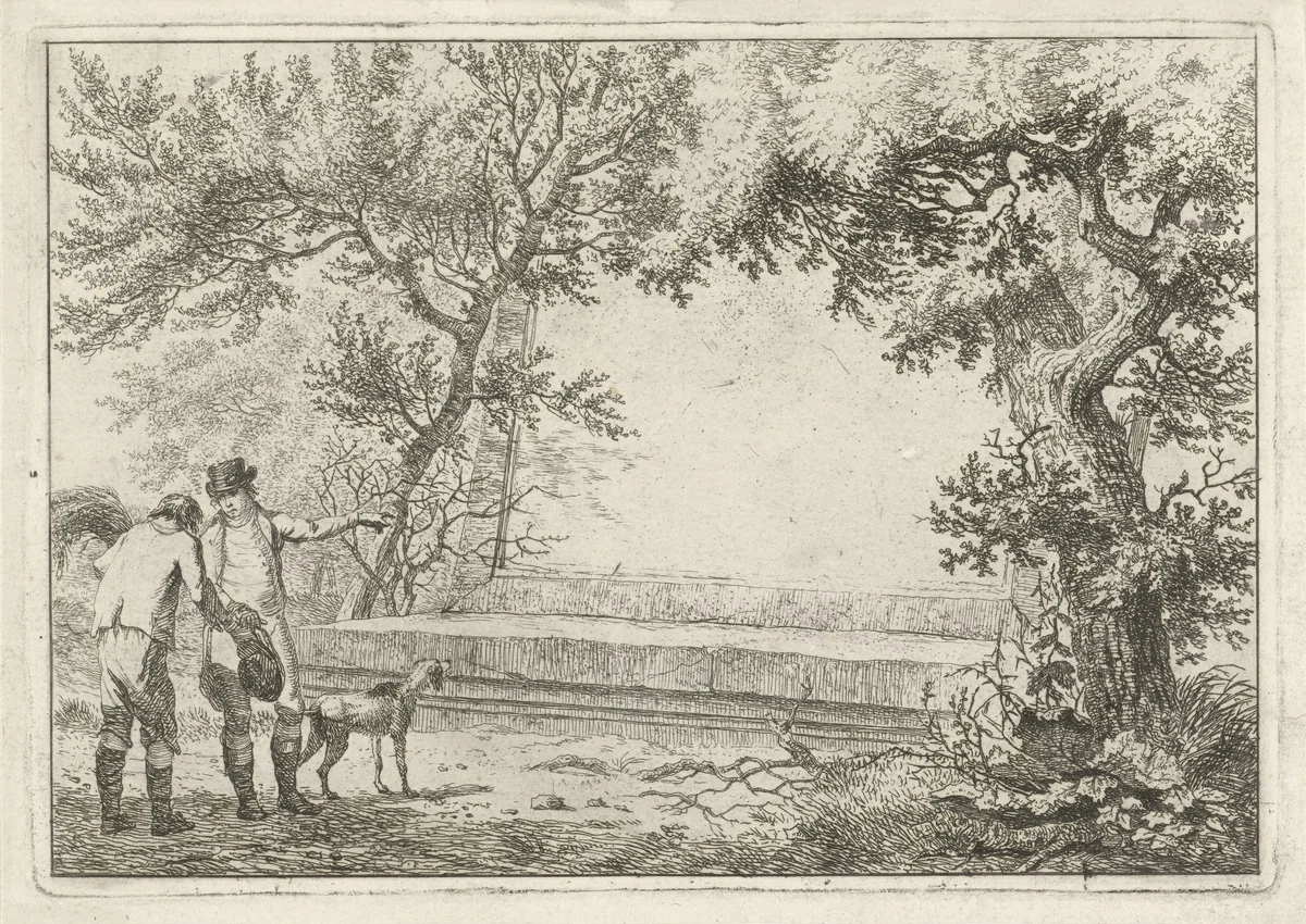 Twee mannen bij stenen cartouche by Hermanus Fock, print, 1801
