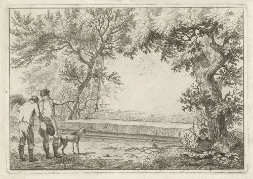 Twee mannen bij stenen cartouche by Hermanus Fock, print, 1801