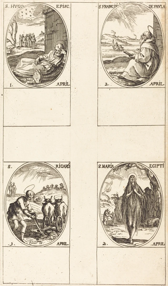 St. Hugo; St. Francis of Paula; St. Mary of Egypt; St. Richard by Jacques Callot, print, 1627-1637