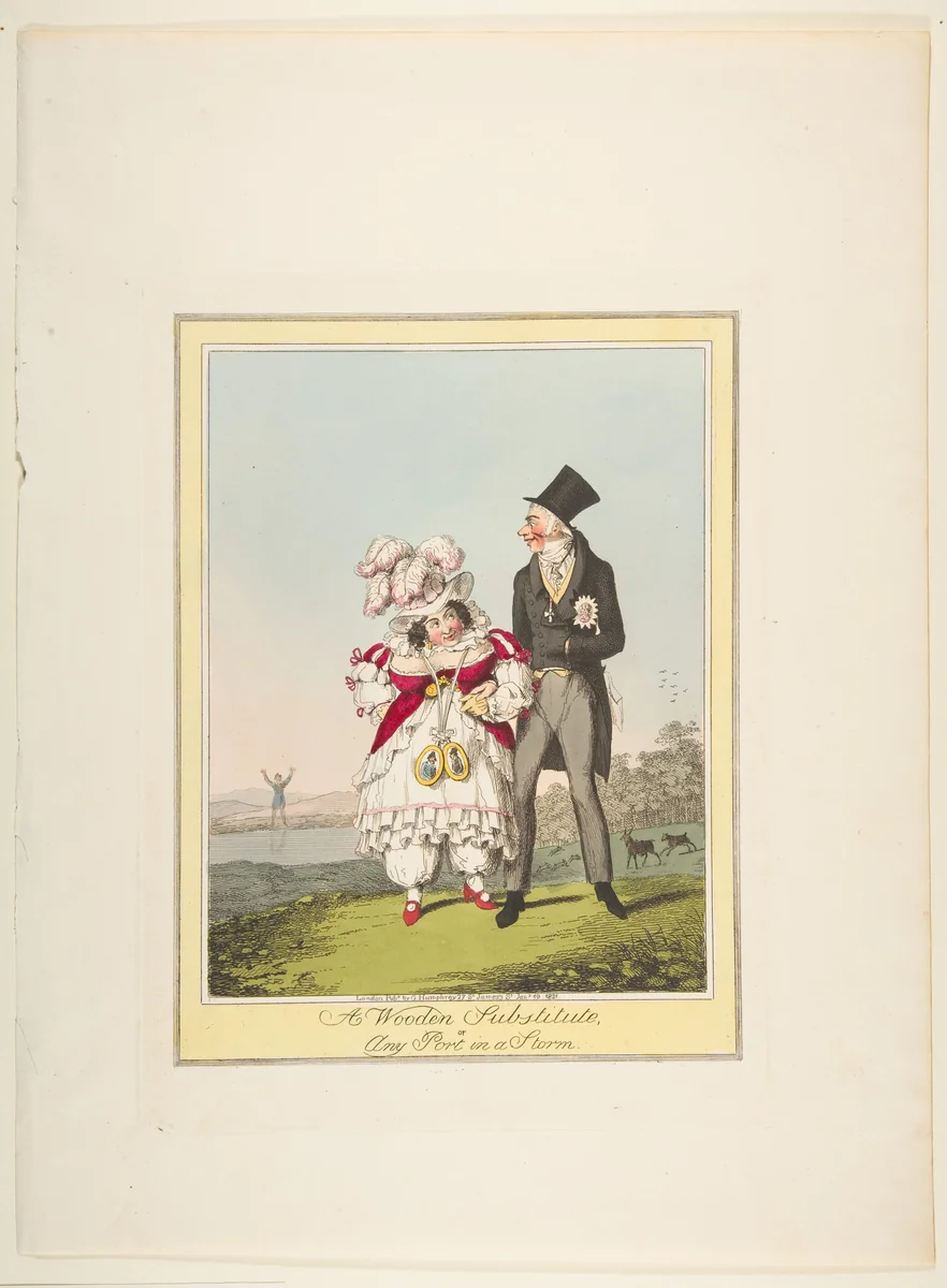 A Wooden Substitute, or Any Port in a Storm by Theodore Lane, print, 1821