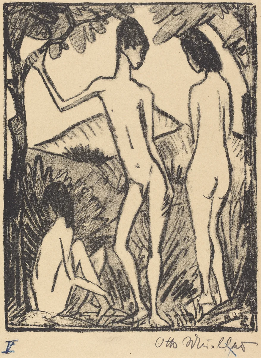 Standing Boy and Two Girls (second version) (Stehender Knabe und zwei Mädchen 2 ) by Otto Mueller, print, 1917