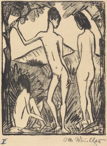 Standing Boy and Two Girls (second version) (Stehender Knabe und zwei Mädchen 2 ) by Otto Mueller, print, 1917