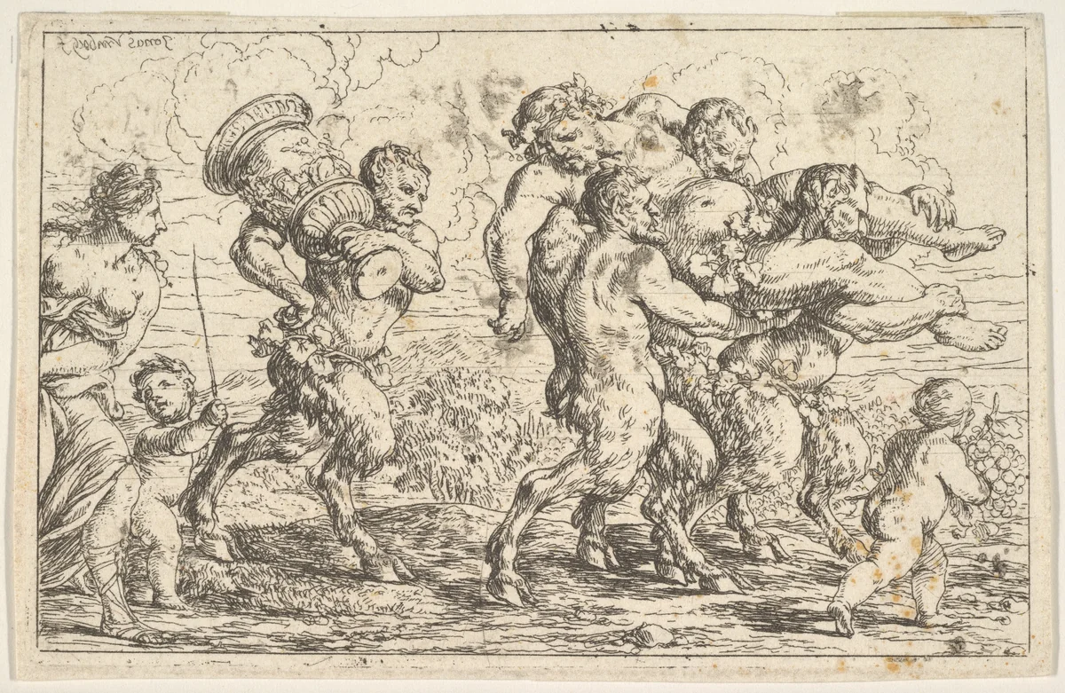 Three satyrs carrying the drunken Silenus, preceded by a putto carrying grapes; behind them a satyr carrying a large vessel, a putto, and a bare-breasted woman by Jonas Umbach, print, 1640-1693