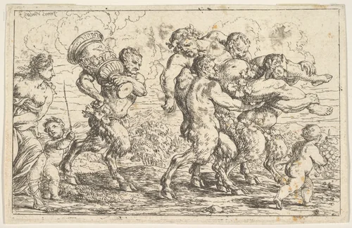 Three satyrs carrying the drunken Silenus, preceded by a putto carrying grapes; behind them a satyr carrying a large vessel, a putto, and a bare-breasted woman by Jonas Umbach, print, 1640-1693