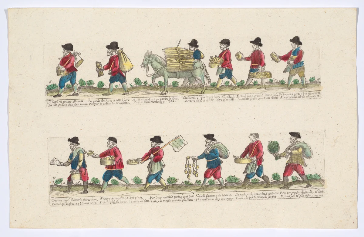 Plate 5 depicting the trades of Rome, here including vendors of pomegranites, bowls, onions etc, from the 'Descrición de las artes que se llaman para los calles de la ciudad de Roma' by Remondini, print, 1765-1805