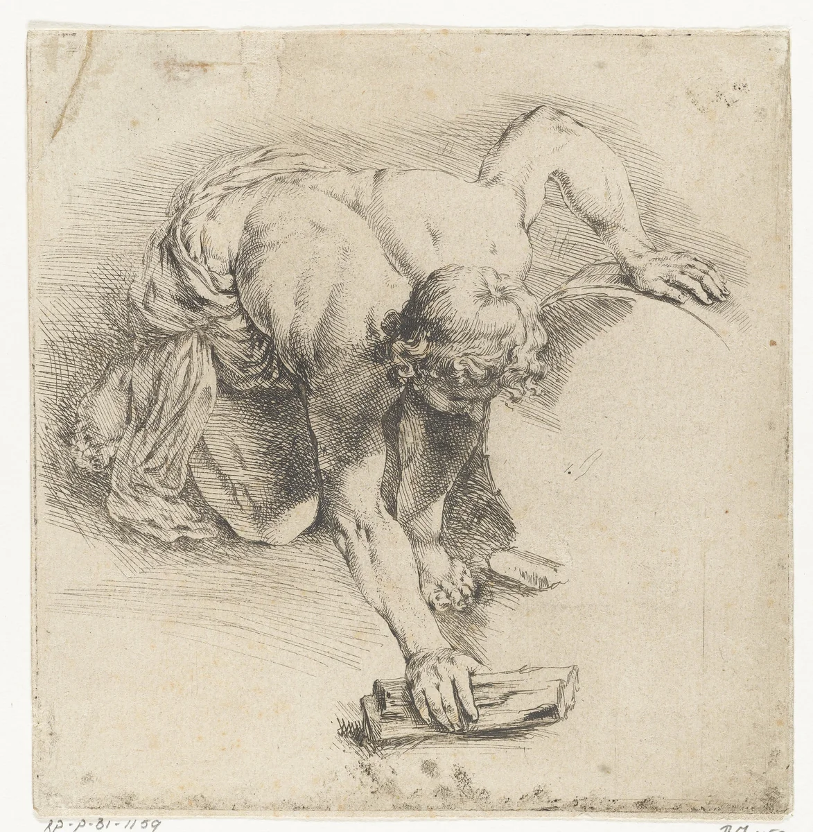 Halfnaakte jongen met een blokje hout by Jan de Bisschop, print, 1638-1671