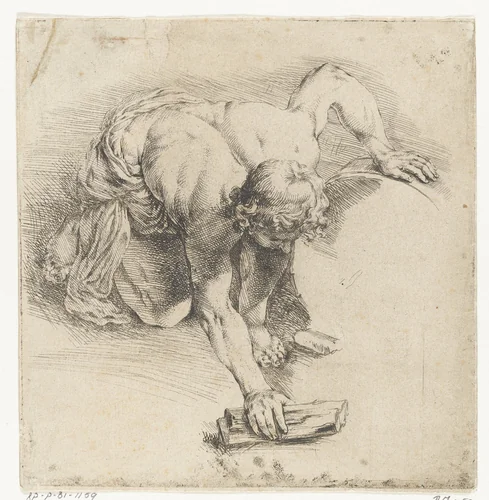 Halfnaakte jongen met een blokje hout by Jan de Bisschop, print, 1638-1671