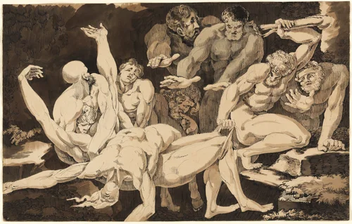 Nude Male Figures Bearing the Bodies of their Dead Companions by James Jefferys, drawing, 1774-1784