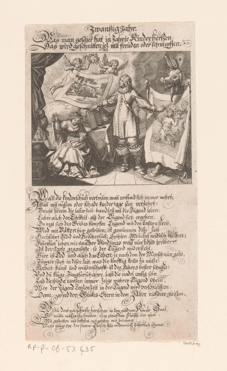 Jongeman wordt verleid door twee afbeeldingen by Conrad Meyer, print, 1675