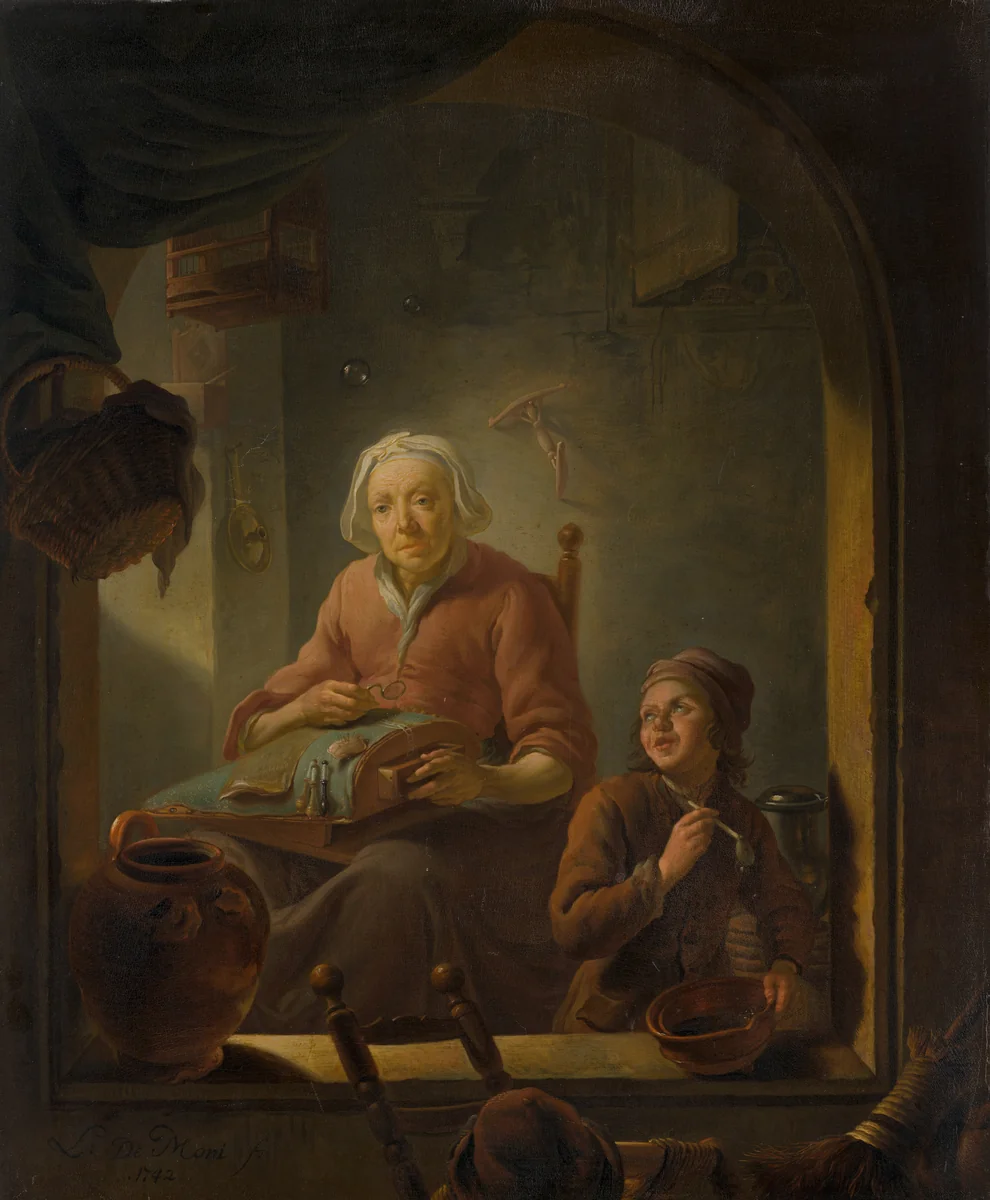 A Lacemaker, with a Boy Blowing Bubbles by Louis de Moni, painting, 1742