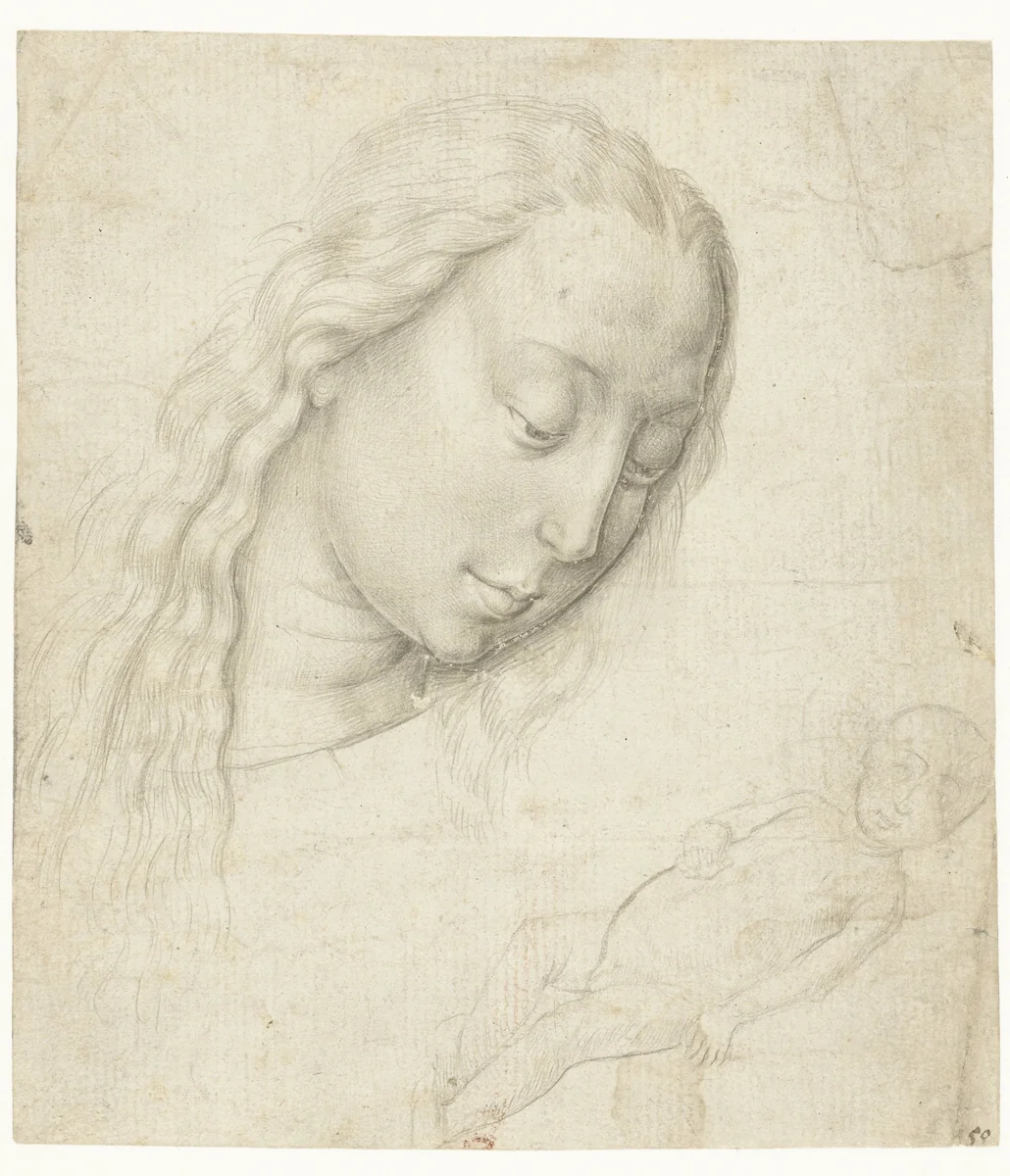 Hoofd van Maria met het Christuskind by Meester van de Legende van de Heilige Lucia, drawing, 1470-1480