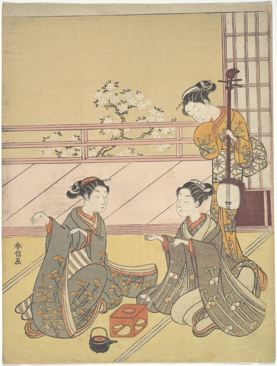 Young Women Playing Kitsune-ken (Fox Game) by Suzuki Harunobu (鈴木春信), print, 1768-1769