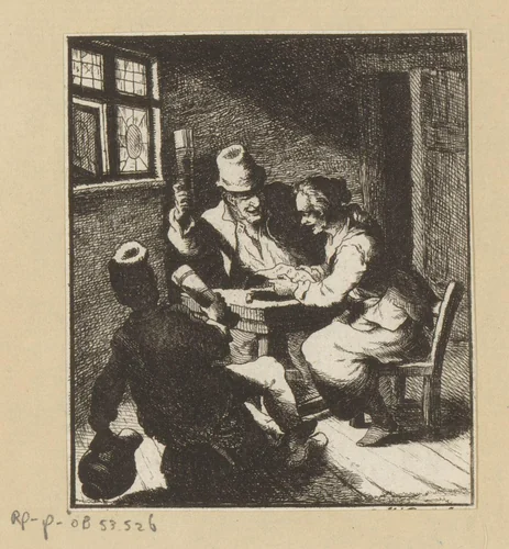Vrouw leest brief voor aan twee drinkende mannen by Carl August Grossmann, print, 1760-1798