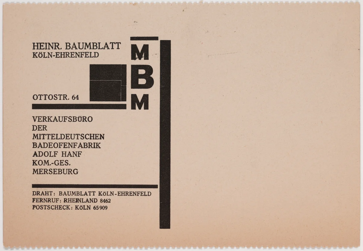 Heinr. Baumblatt, Köln-Ehrenfeld MBM by Franz Wilhelm Seiwert, design