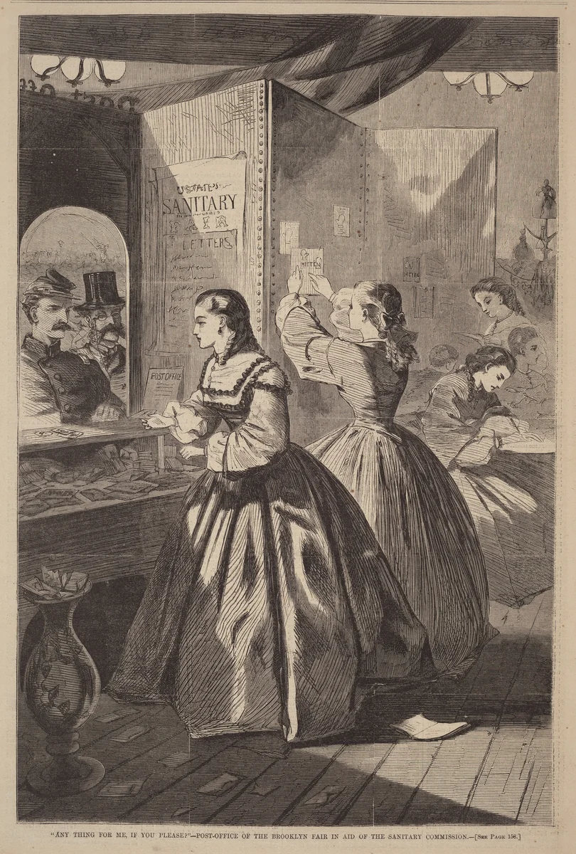 "Any Thing for Me, If You Please?" - Post Office of the Brooklyn Fair in Aid of the Sanitary Commission by Winslow Homer, print, 1864