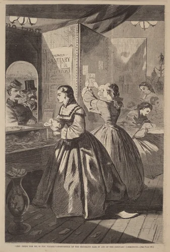 "Any Thing for Me, If You Please?" - Post Office of the Brooklyn Fair in Aid of the Sanitary Commission by Winslow Homer, print, 1864