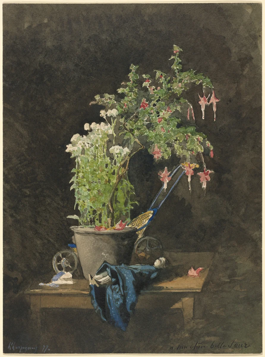 A Potted Fuchsia with Children's Toys by Henri Joseph Harpignies, drawing, 1877