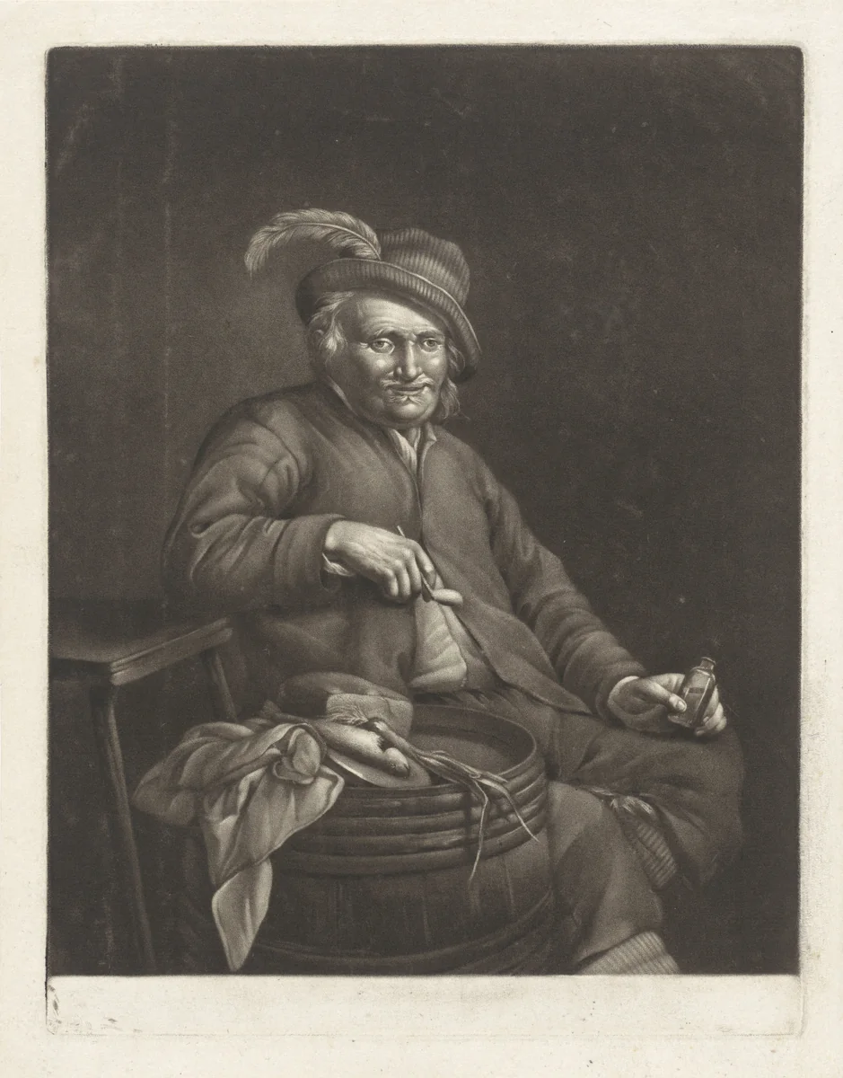Man met een pijp en een flesje by John Greenwood, print, 1739-1792