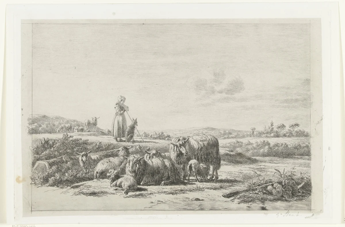 Landschap met herderin en hond bij kudde schapen by Simon van den Berg, print, 1822-1899