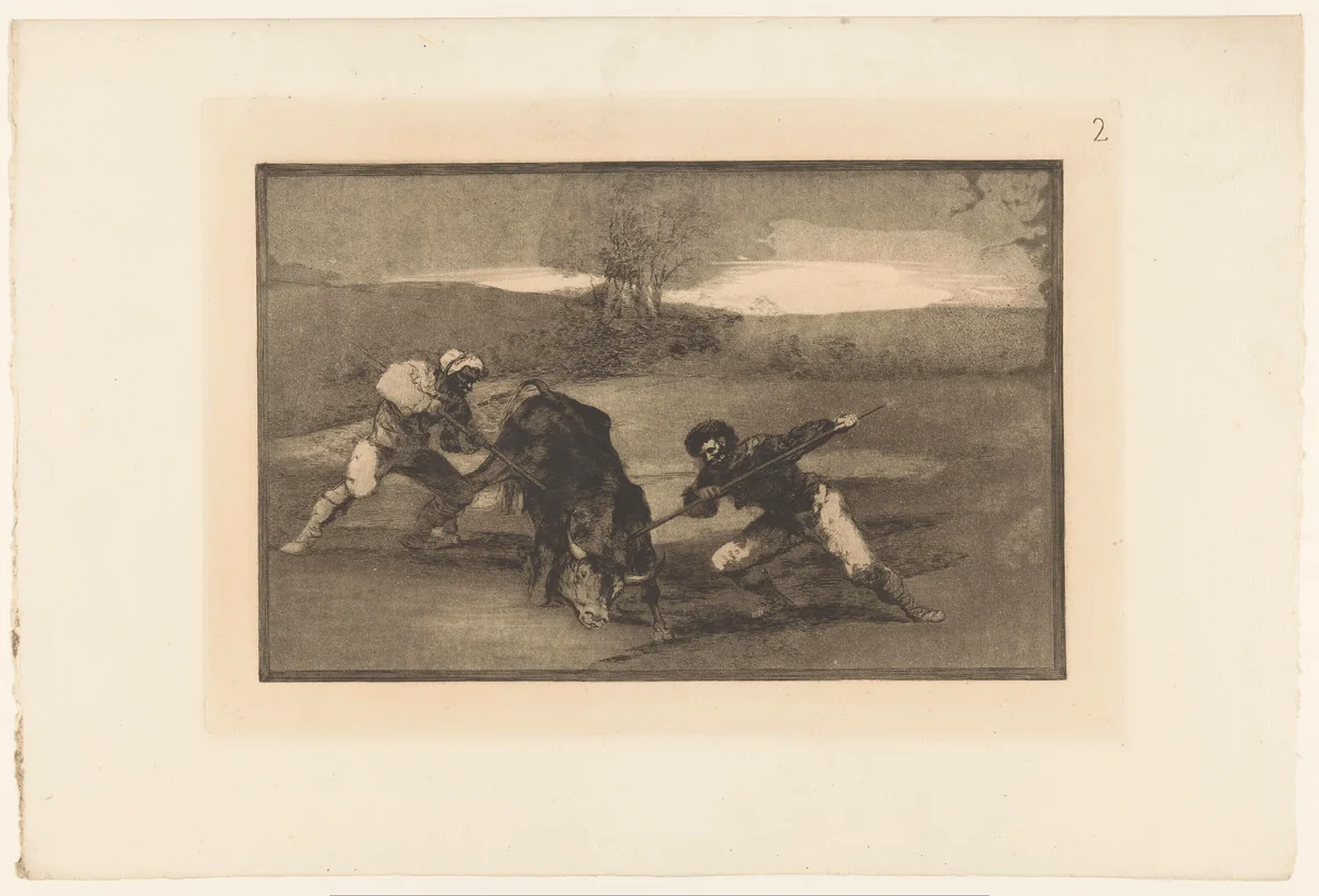 Stierenjacht te voet by Francisco de Goya, print, 1876