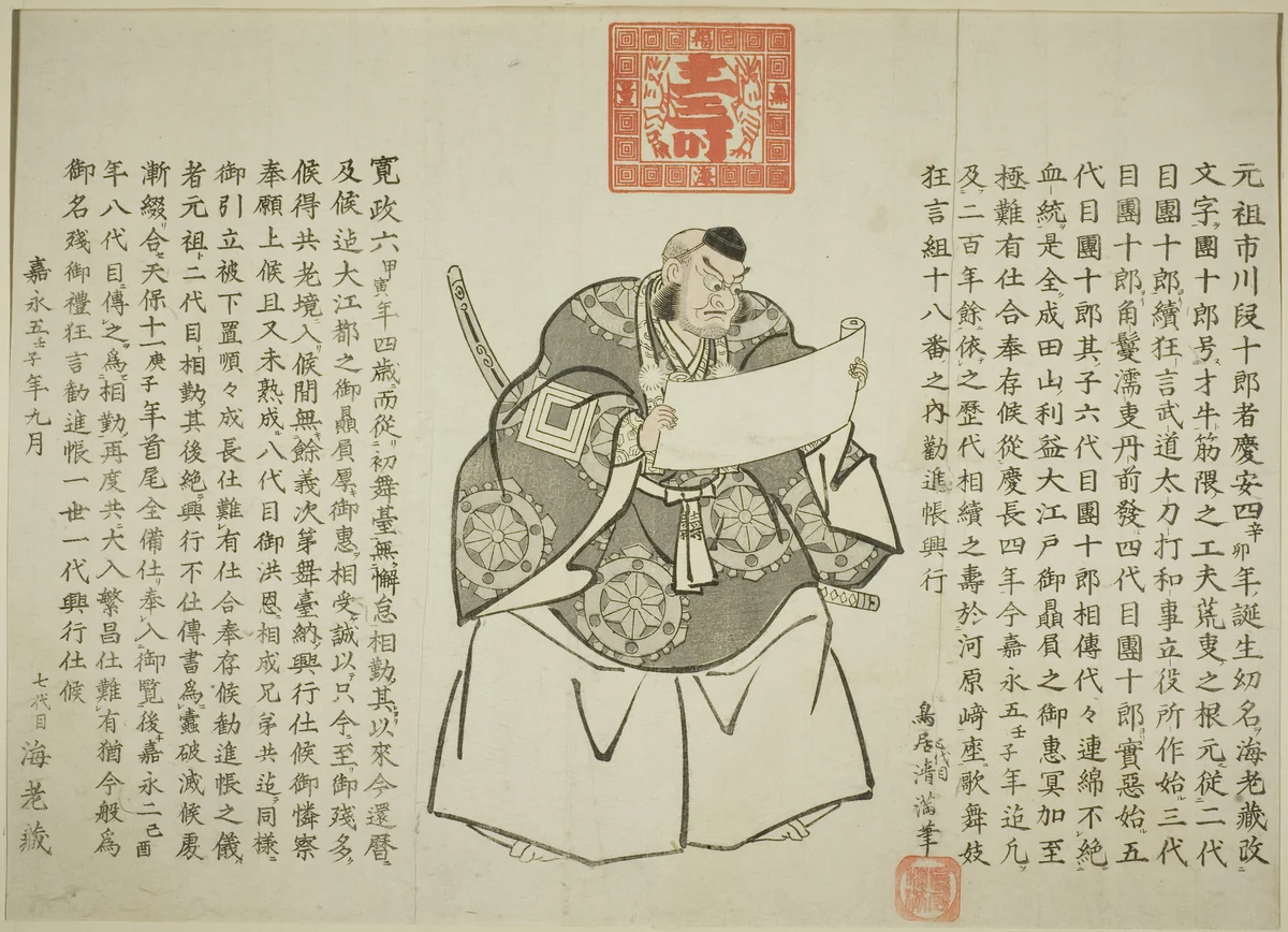 Announcement of performance of Kanjincho by Ichikawa Danjuro VIII to celebrate 200 years of Ichikawa family history by Torii Kiyomitsu II, print, 1852