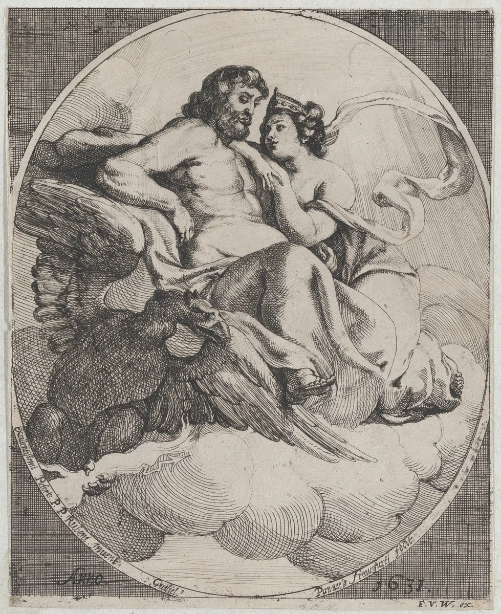 Jupiter and Juno seated on clouds, with an eagle holding thunderbolts below at left by Willem Panneels, print, 1631