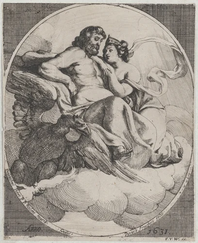 Jupiter and Juno seated on clouds, with an eagle holding thunderbolts below at left by Willem Panneels, print, 1631