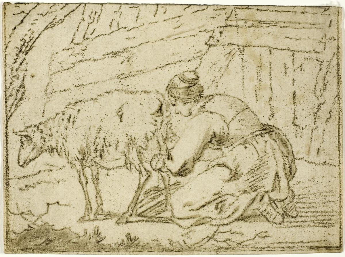 Woman Milking an Ewe by Cornelis van Noorde, print, 1751-1795