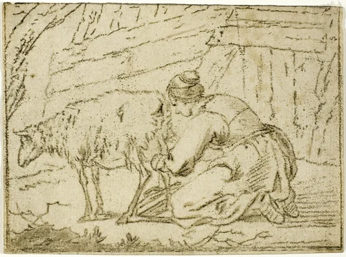 Woman Milking an Ewe by Cornelis van Noorde, print, 1751-1795