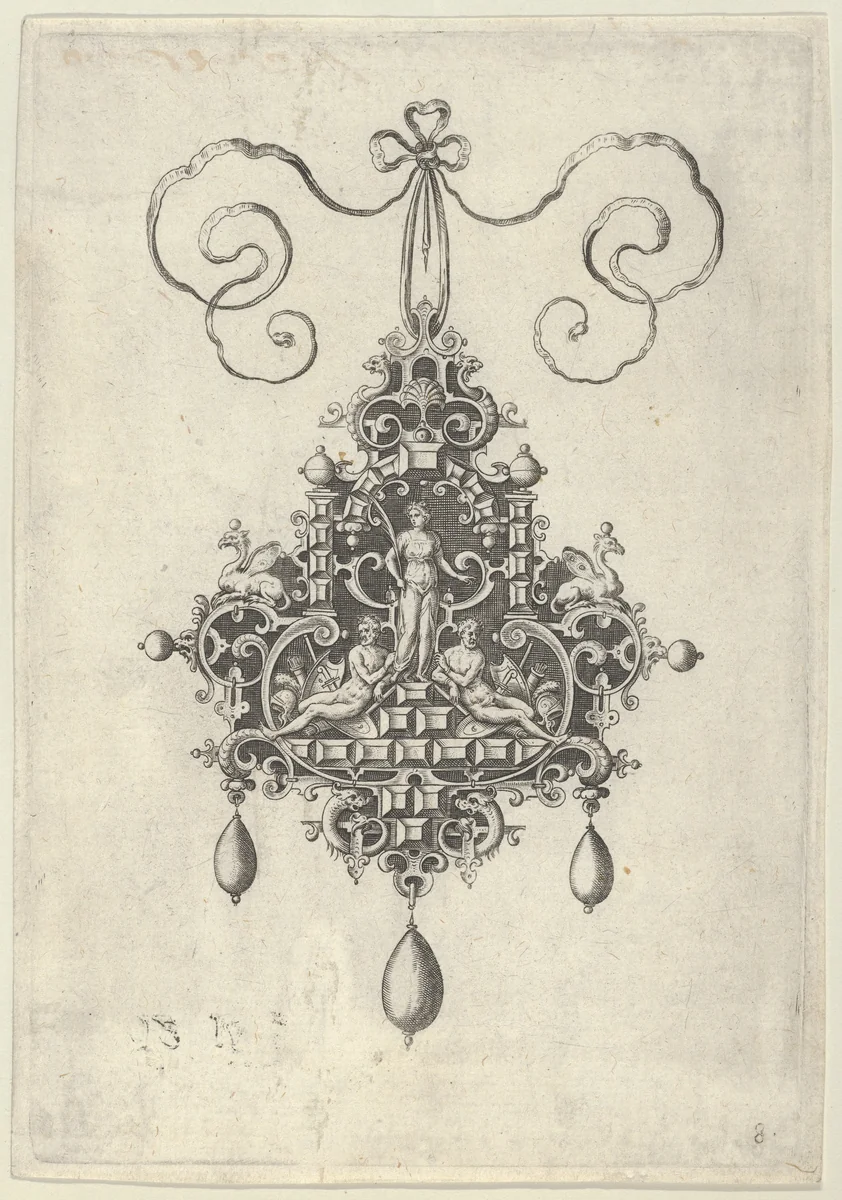 Pendant Design with a Peace-Goddess Flanked by Two Warriors by Jan Collaert, print, 1581-1636