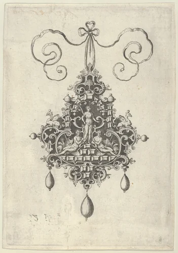 Pendant Design with a Peace-Goddess Flanked by Two Warriors by Jan Collaert, print, 1581-1636