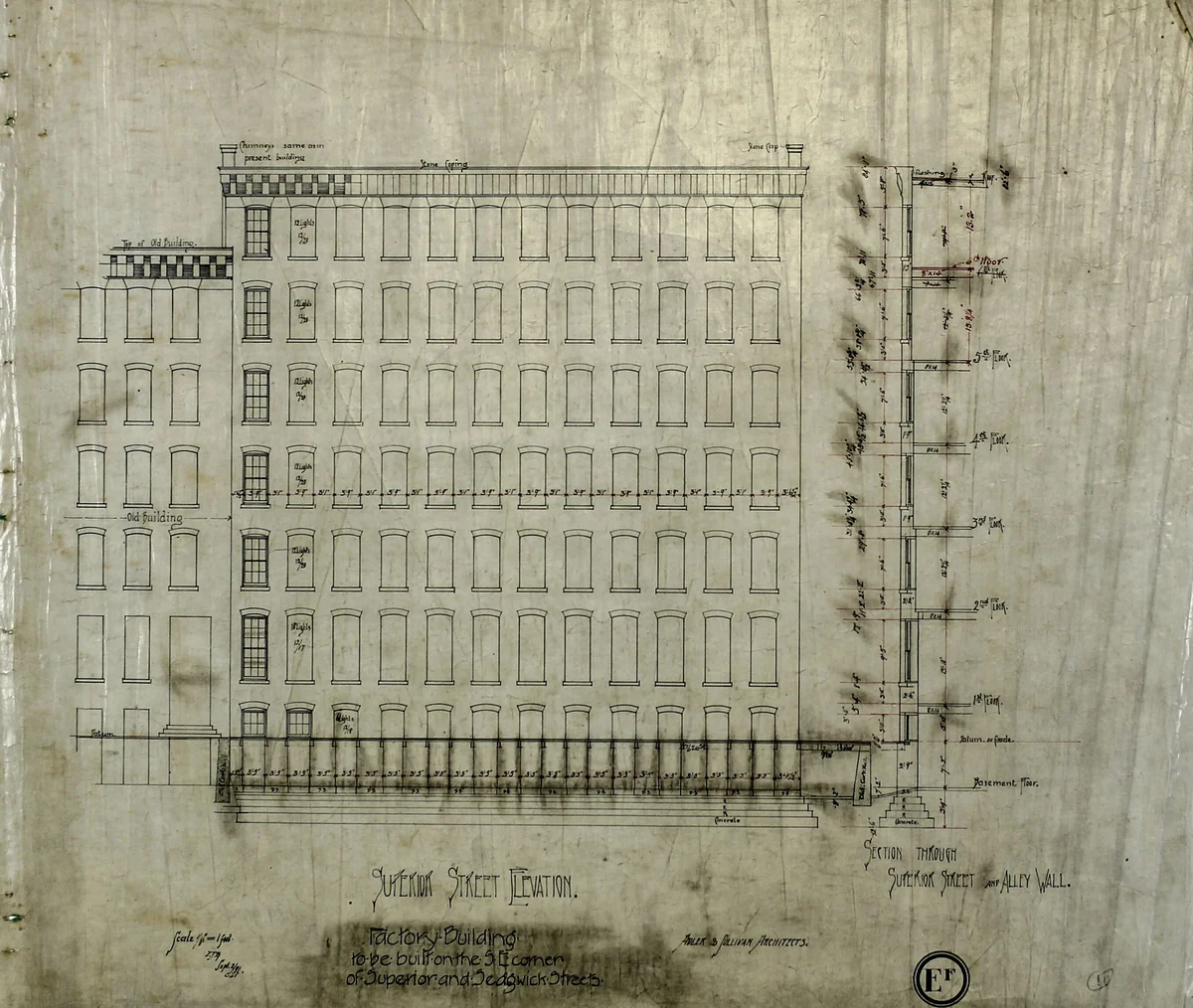 Brunswick Balke Collender Company Factory Building, Chicago, Illinois, Elevation and Section by Adler & Sullivan, drawing, 1890-1894
