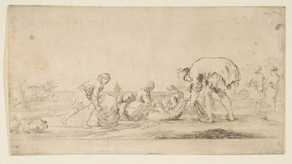 A fisherman bringing in his nets, a man at left pushing a bale to the right, two seated figures mending nets, and two figures at right seen from the back by Stefano della Bella, print, 1657-1667