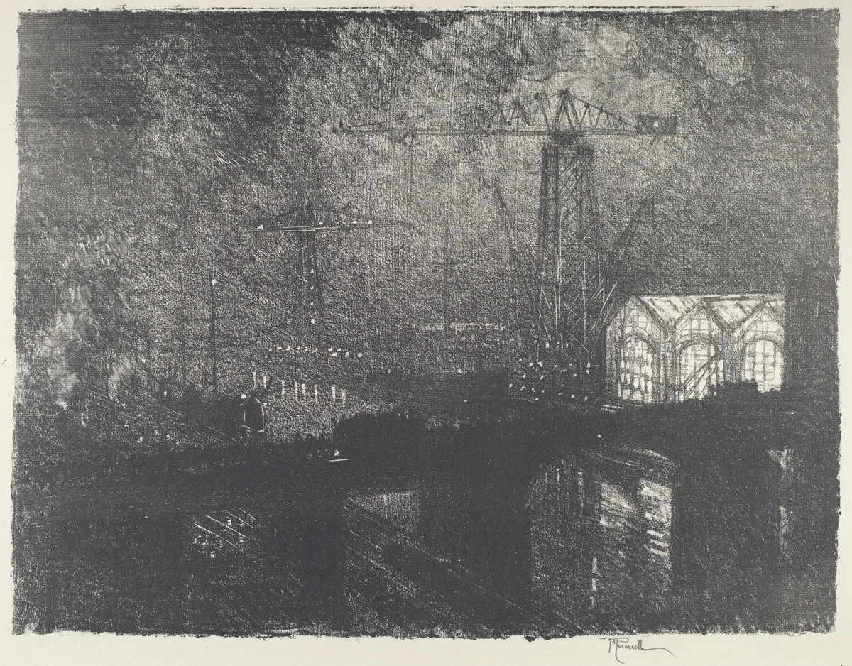 The Shops at Night, Changing Shifts by Joseph Pennell, print, 1916