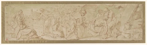 Ontwerp voor een graflegging met links de wenende Maria by Jacques Stella, drawing, 1606-1657