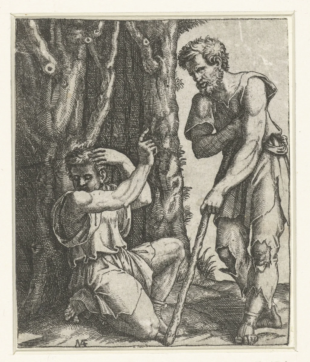 Man knielt en wendt zich af van bedelaar aan bosrand by Unknown, print, 1510-1527
