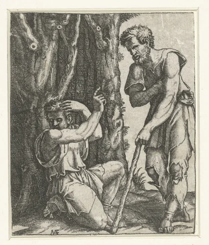 Man knielt en wendt zich af van bedelaar aan bosrand by Unknown, print, 1510-1527