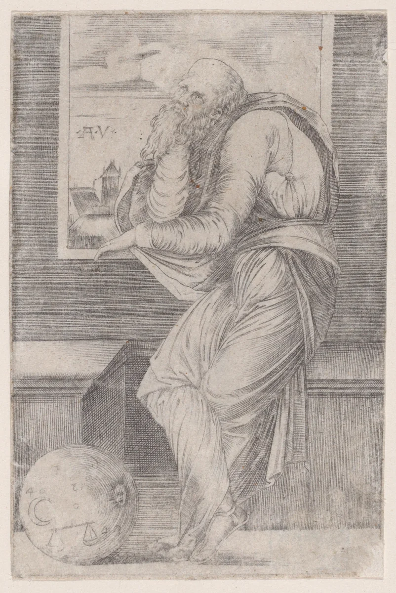 Philoshopher Seated near a Window by Agostino Veneziano, print, 1514-1536