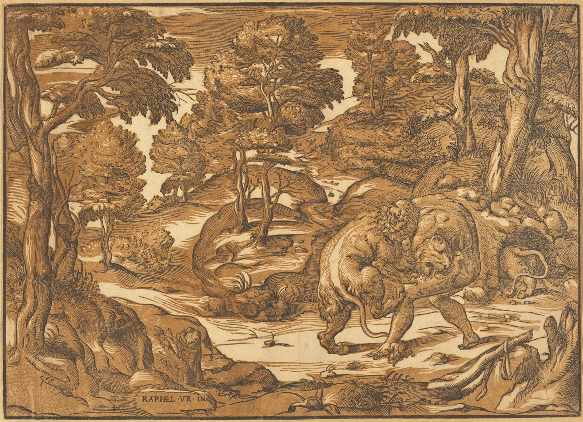 Hercules and the Nemean Lion by Nicolò Boldrini, print, 1566