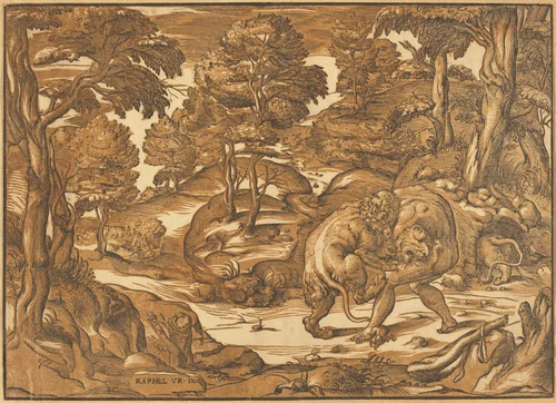 Hercules and the Nemean Lion by Nicolò Boldrini, print, 1566